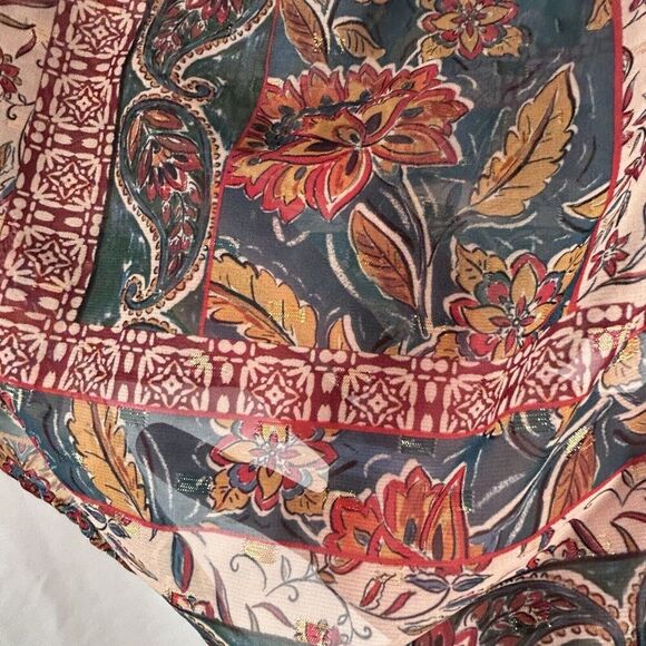 Democracy Blouse Womens Medium Brown Green Gold Metallic Sheer Vneck - Picture 5 of 10